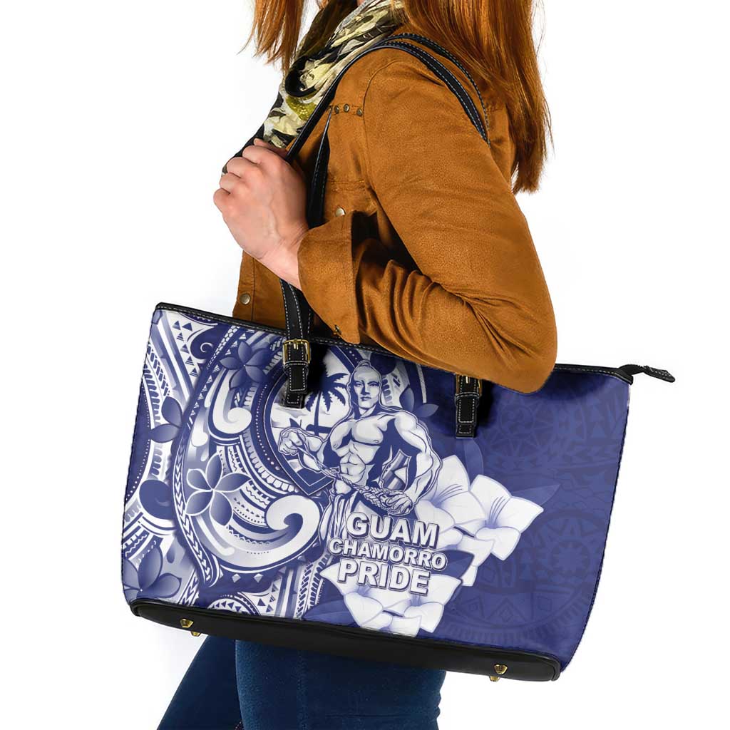 Guam Chief Quipuha Leather Tote Bag Polynesian Pattern With Guasali Flowers LT05 Navy - Polynesian Pride