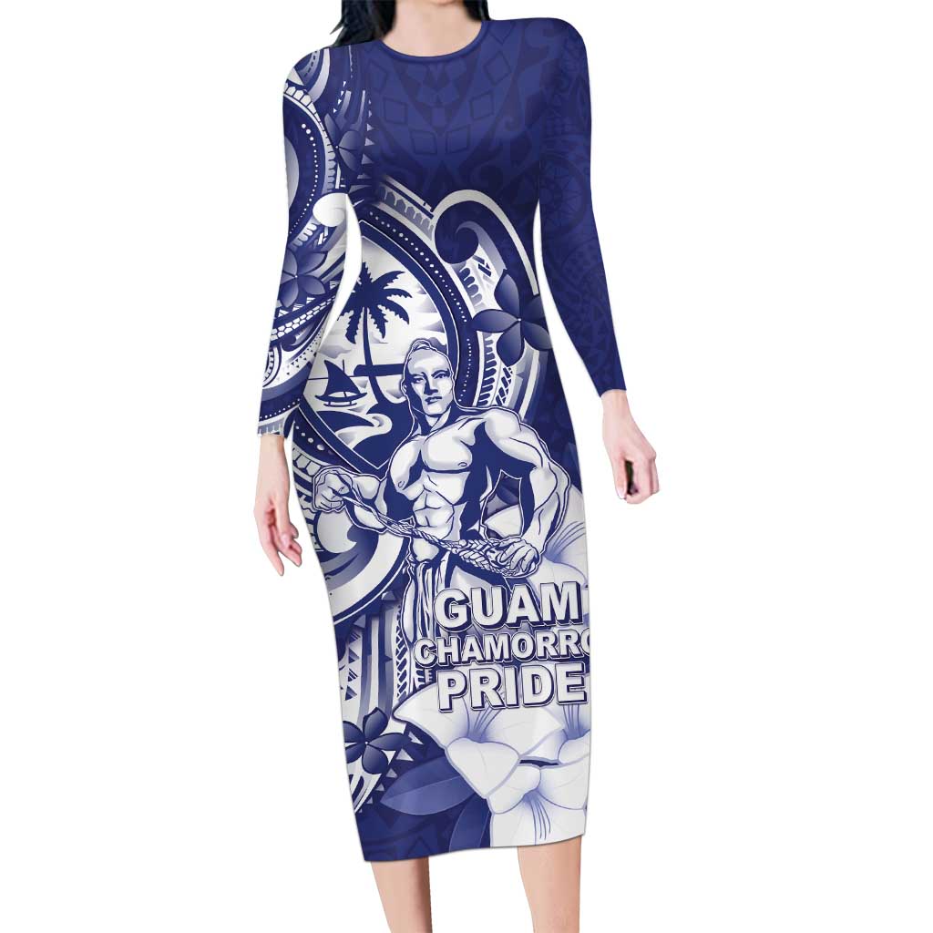 Guam Chief Quipuha Long Sleeve Bodycon Dress Polynesian Pattern With Guasali Flowers LT05 Long Dress Navy - Polynesian Pride