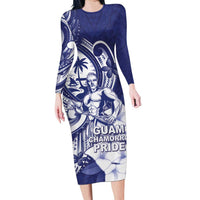 Guam Chief Quipuha Long Sleeve Bodycon Dress Polynesian Pattern With Guasali Flowers LT05 Long Dress Navy - Polynesian Pride