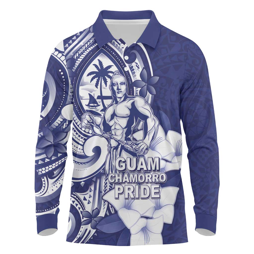 Guam Chief Quipuha Long Sleeve Polo Shirt Polynesian Pattern With Guasali Flowers LT05 Navy - Polynesian Pride