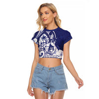 Guam Chief Quipuha Raglan Cropped T Shirt Polynesian Pattern With Guasali Flowers LT05 Female Navy - Polynesian Pride