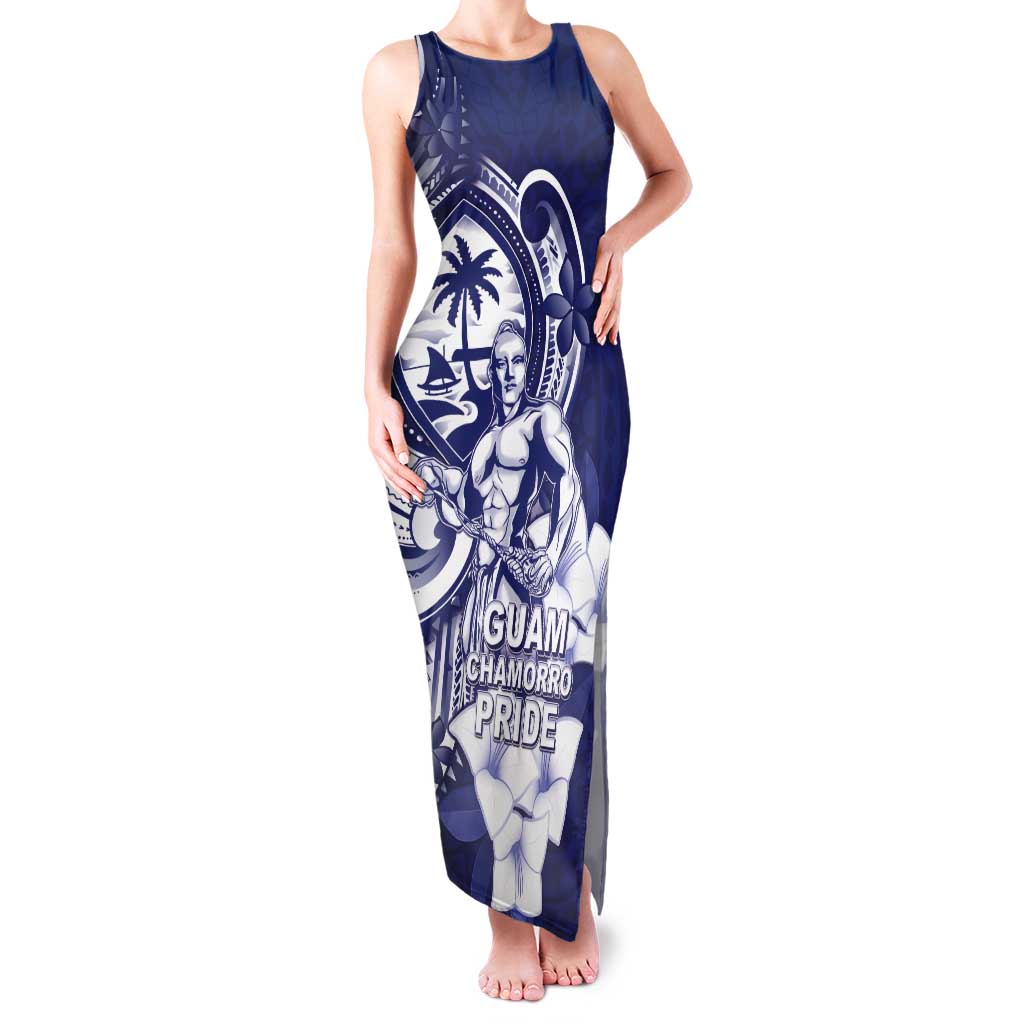 Guam Chief Quipuha Tank Maxi Dress Polynesian Pattern With Guasali Flowers LT05 Women Navy - Polynesian Pride