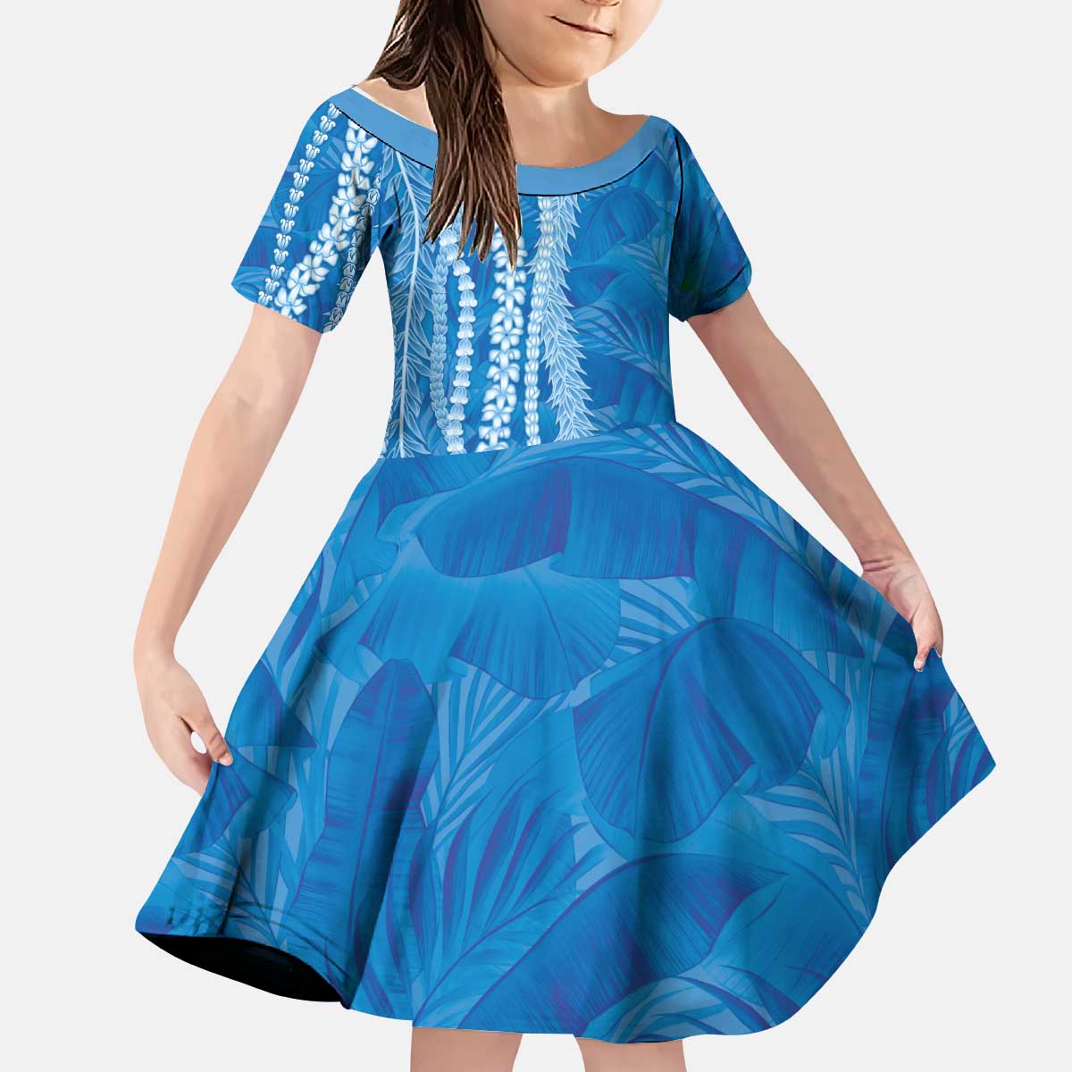 Hawaii Prince Kuhio Kid Short Sleeve Dress Blue Hawaiian Lau Maia With Leis LT05 KID Blue - Polynesian Pride