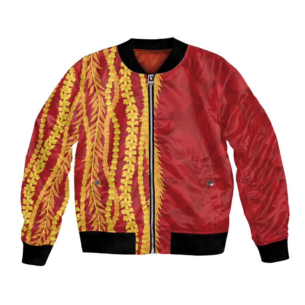 Hawaii Prince Kuhio Bomber Jacket Red Hawaiian Lau Maia With Leis LT05 Unisex Red - Polynesian Pride