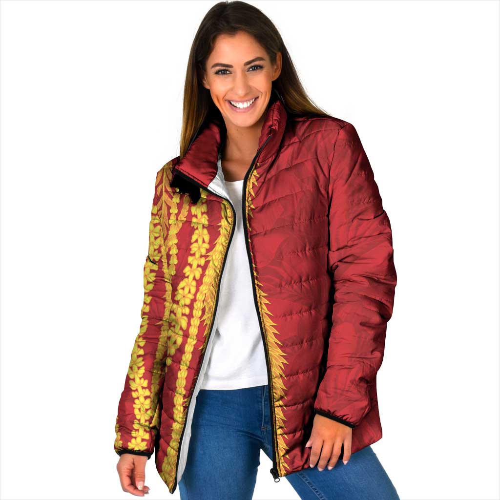 Hawaii Prince Kuhio Padded Jacket Red Hawaiian Lau Maia With Leis LT05 Women Red - Polynesian Pride