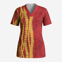 Hawaii Prince Kuhio Scrub Top Red Hawaiian Lau Maia With Leis LT05 Adult Red - Polynesian Pride