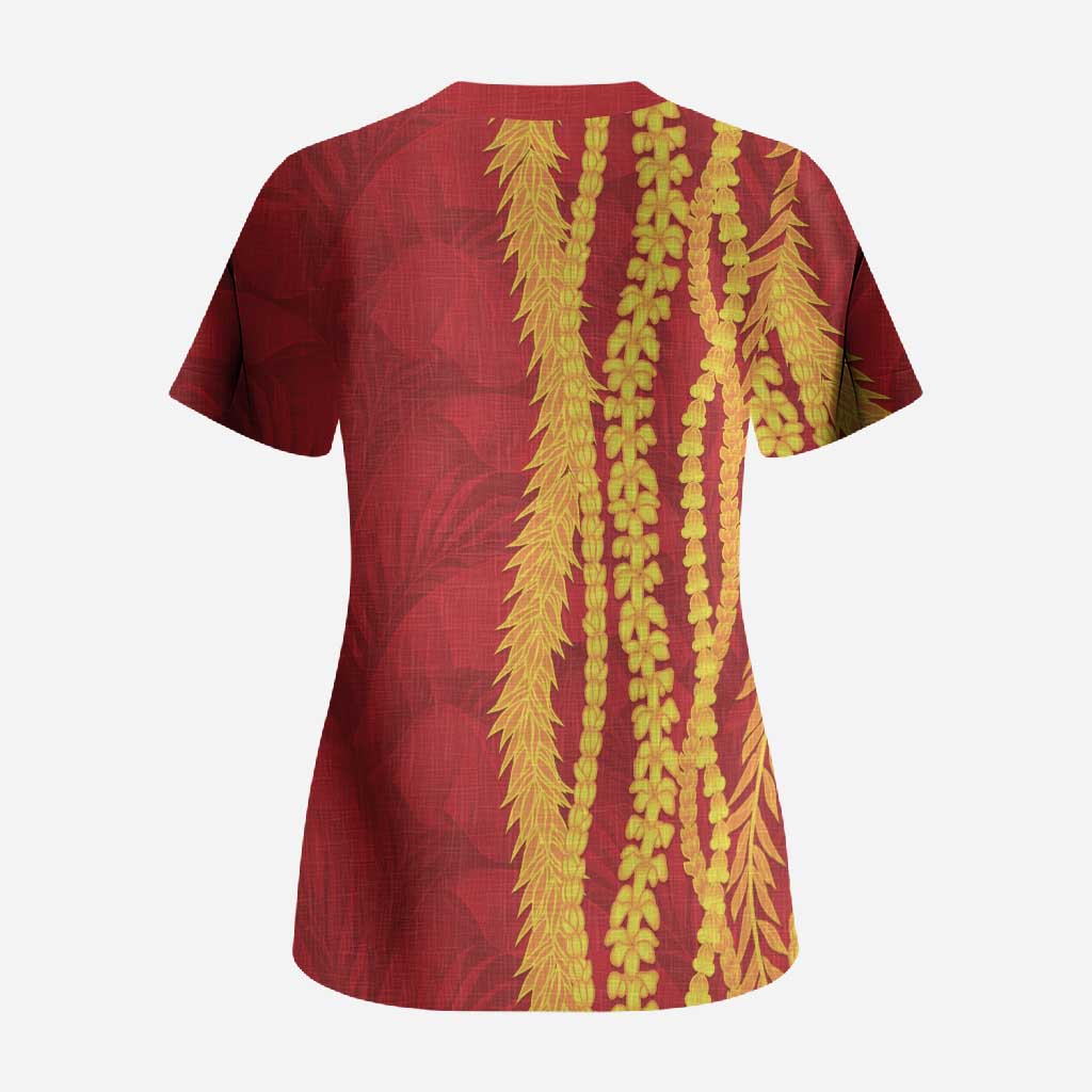 Hawaii Prince Kuhio Scrub Top Red Hawaiian Lau Maia With Leis LT05 - Polynesian Pride