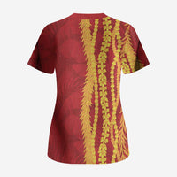 Hawaii Prince Kuhio Scrub Top Red Hawaiian Lau Maia With Leis LT05 - Polynesian Pride
