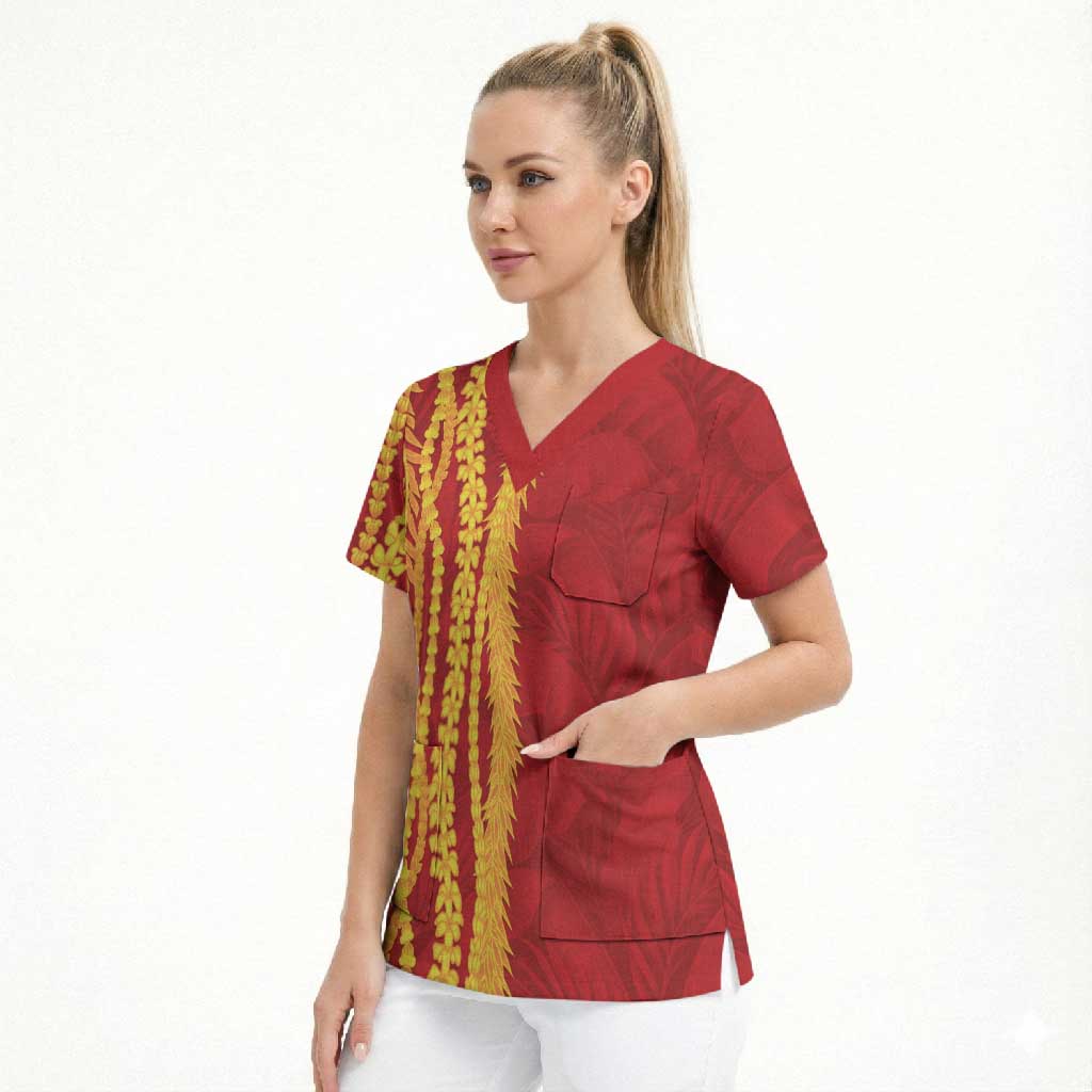 Hawaii Prince Kuhio Scrub Top Red Hawaiian Lau Maia With Leis LT05 - Polynesian Pride