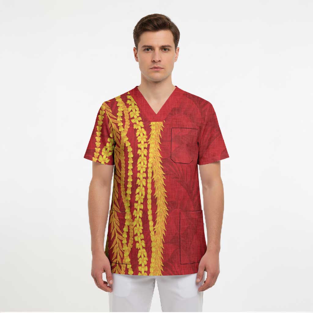 Hawaii Prince Kuhio Scrub Top Red Hawaiian Lau Maia With Leis LT05 - Polynesian Pride
