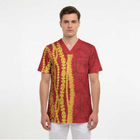 Hawaii Prince Kuhio Scrub Top Red Hawaiian Lau Maia With Leis LT05 - Polynesian Pride