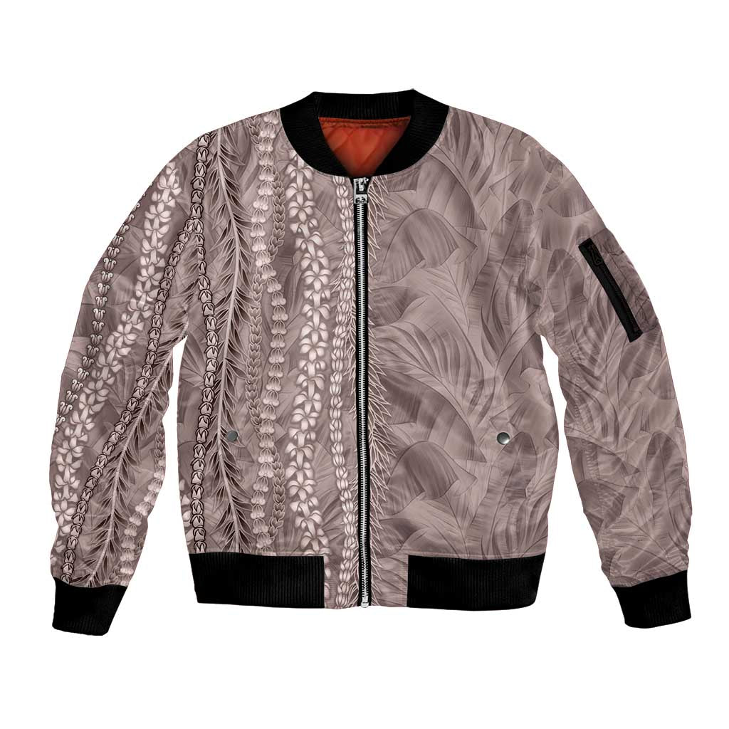 Hawaii Prince Kuhio Sleeve Zip Bomber Jacket Mocha Hawaiian Lau Maia With Leis LT05 Unisex Mocha - Polynesian Pride