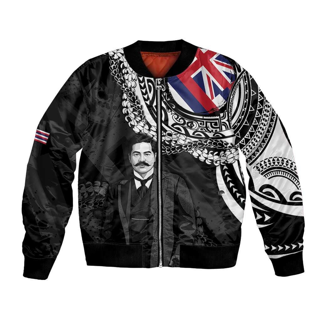 Personalised Hawaii Prince Kuhio Bomber Jacket Hawaiian Maile Lei LT05 Unisex Black - Polynesian Pride