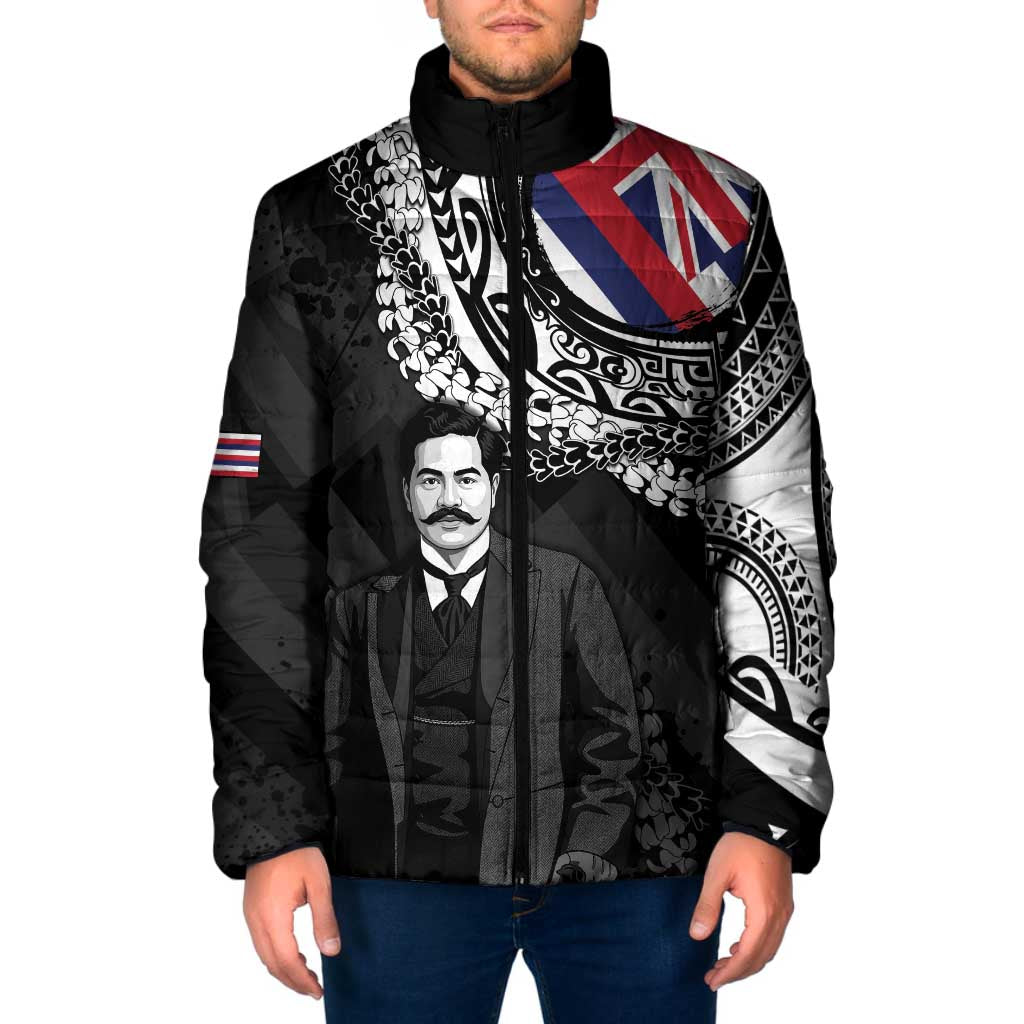Personalised Hawaii Prince Kuhio Padded Jacket Hawaiian Maile Lei LT05 Men Black - Polynesian Pride