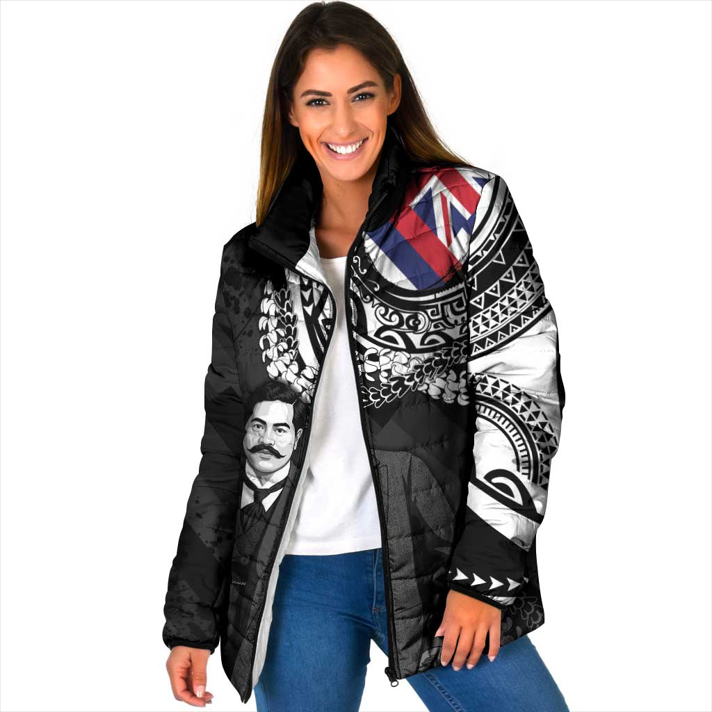 Personalised Hawaii Prince Kuhio Padded Jacket Hawaiian Maile Lei LT05 Women Black - Polynesian Pride