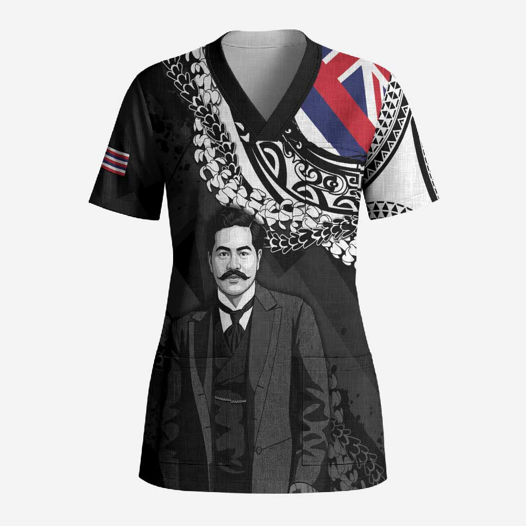 Personalised Hawaii Prince Kuhio Scrub Top Hawaiian Maile Lei LT05 Adult Black - Polynesian Pride