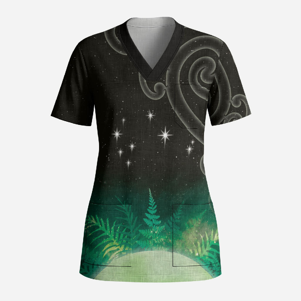 New Zealand Matariki Scrub Top Pleiades Star Cluster Green Galaxy LT05 Adult Green - Polynesian Pride