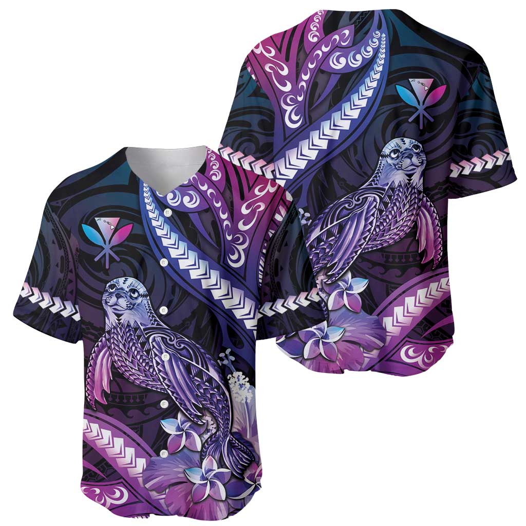Hawaiian Monk Seal Baseball Jersey Kakau Tribal Pattern Violet Gradient LT05 - Polynesian Pride