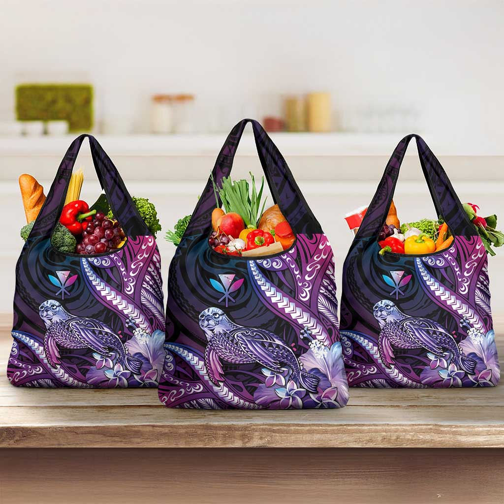 Hawaiian Monk Seal Grocery Bag Kakau Tribal Pattern Violet Gradient LT05 3-pack One Size Violet - Polynesian Pride