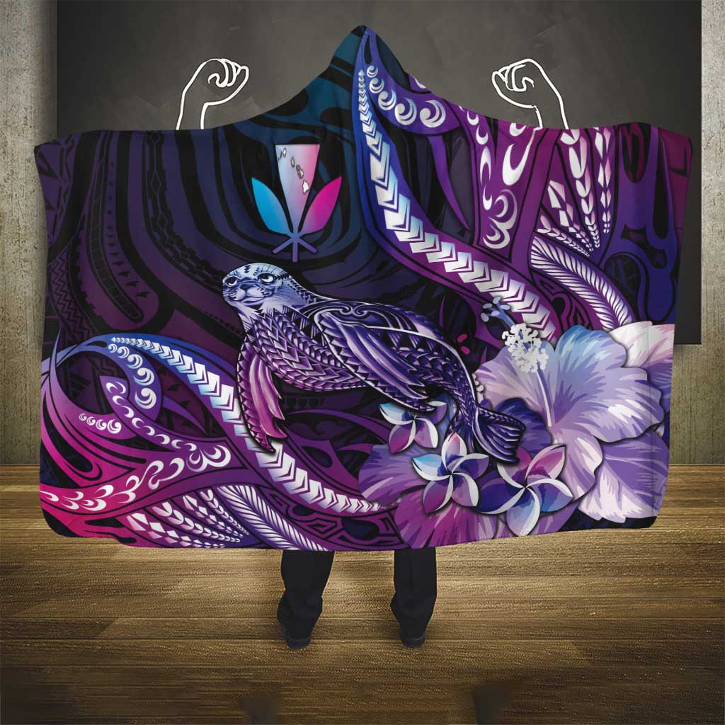 Hawaiian Monk Seal Hooded Blanket Kakau Tribal Pattern Violet Gradient LT05 - Polynesian Pride