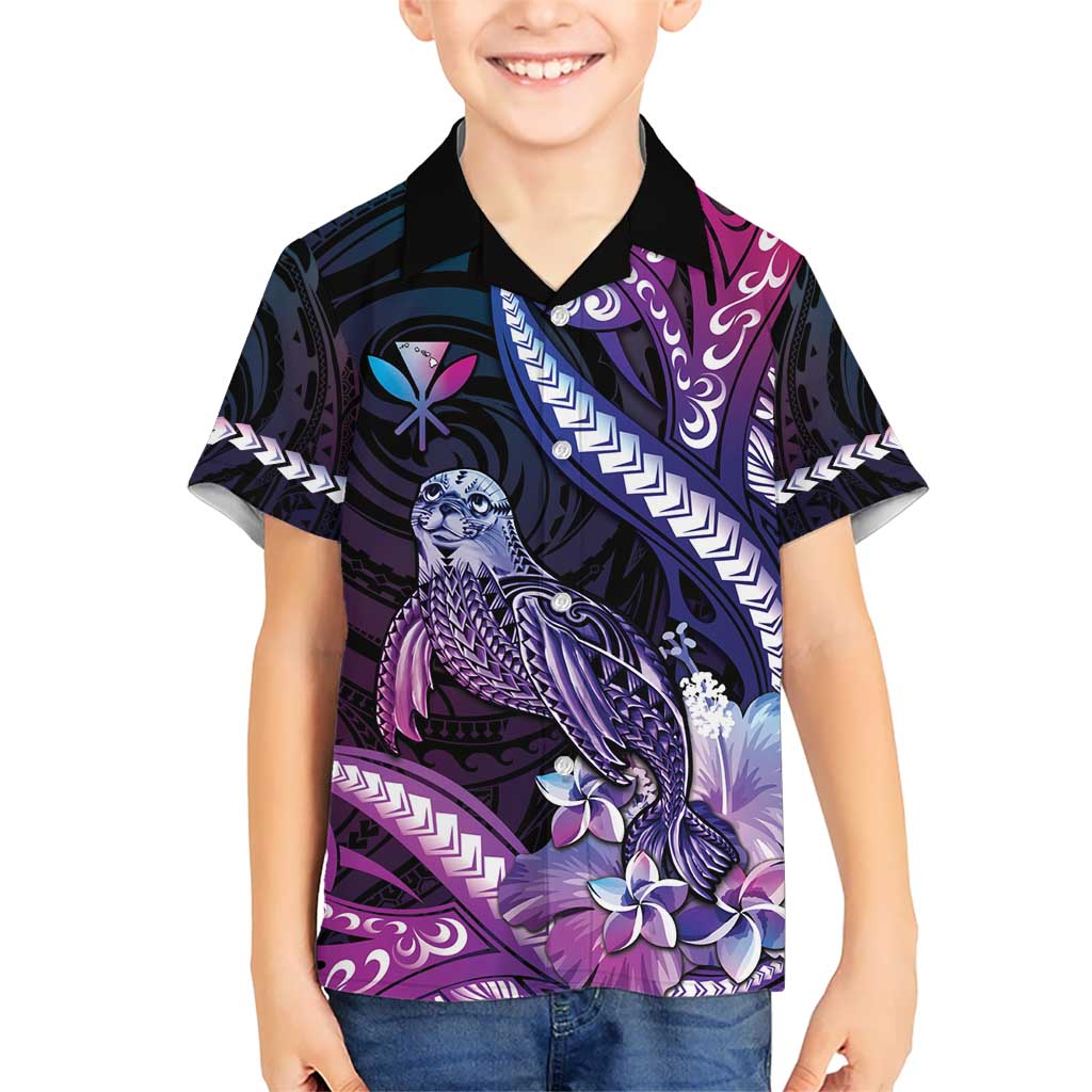 Hawaiian Monk Seal Kid Hawaiian Shirt Kakau Tribal Pattern Violet Gradient LT05 Kid Violet - Polynesian Pride