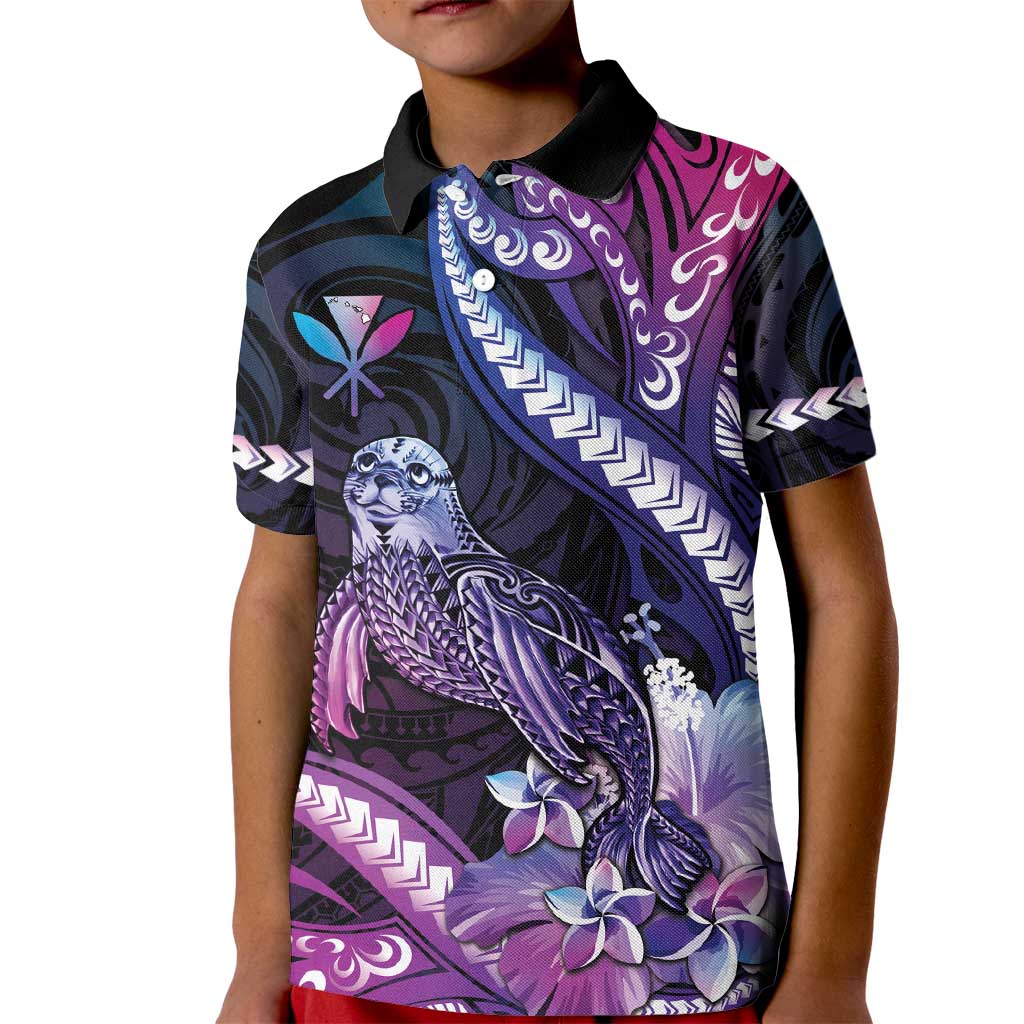 Hawaiian Monk Seal Kid Polo Shirt Kakau Tribal Pattern Violet Gradient LT05 Kid Violet - Polynesian Pride