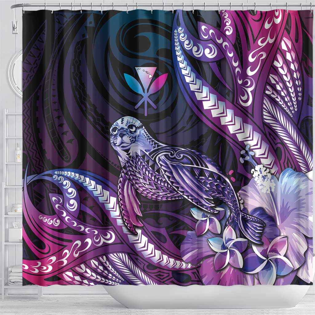 Hawaiian Monk Seal Shower Curtain Kakau Tribal Pattern Violet Gradient LT05 - Polynesian Pride