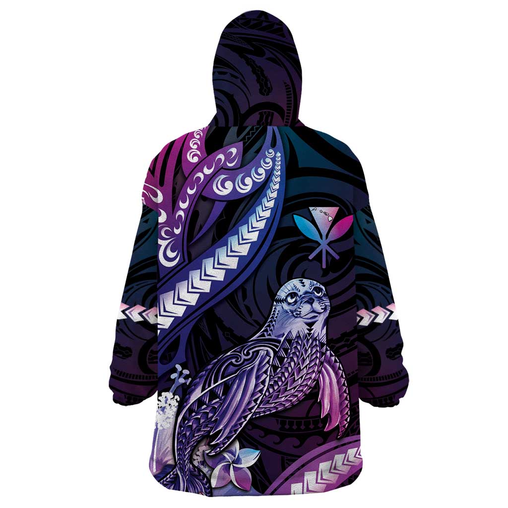 Hawaiian Monk Seal Wearable Blanket Hoodie Kakau Tribal Pattern Violet Gradient LT05 - Polynesian Pride
