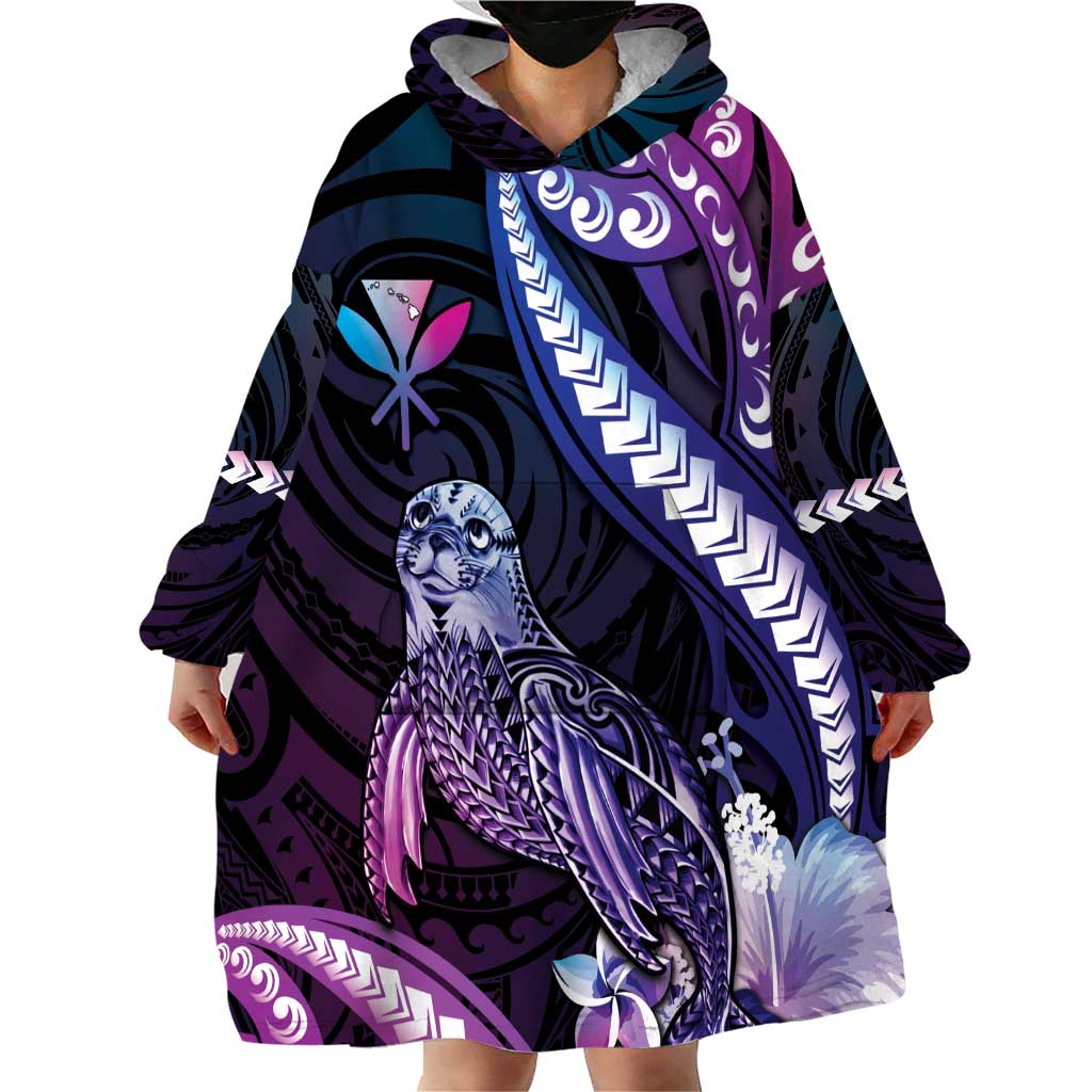 Hawaiian Monk Seal Wearable Blanket Hoodie Kakau Tribal Pattern Violet Gradient LT05 - Polynesian Pride