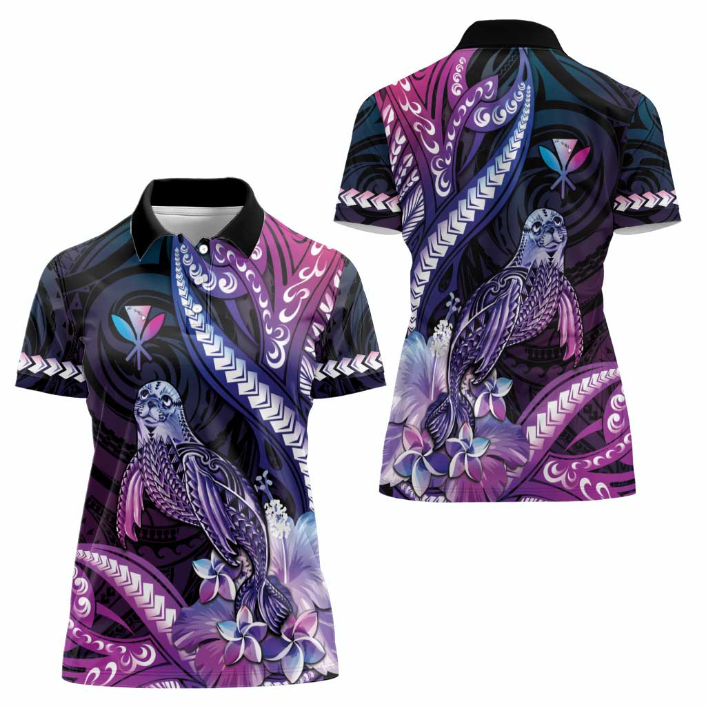 Hawaiian Monk Seal Women Polo Shirt Kakau Tribal Pattern Violet Gradient LT05 - Polynesian Pride