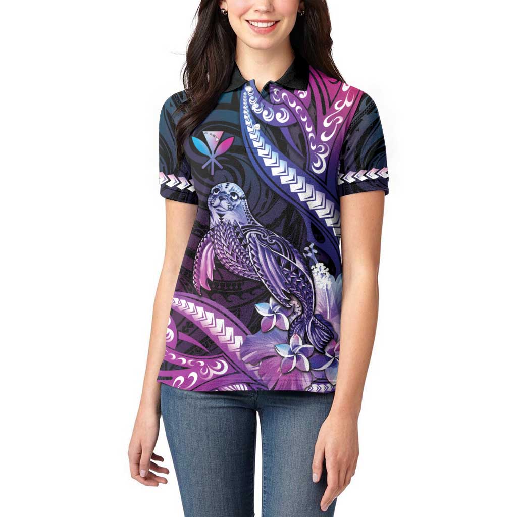 Hawaiian Monk Seal Women Polo Shirt Kakau Tribal Pattern Violet Gradient LT05 - Polynesian Pride