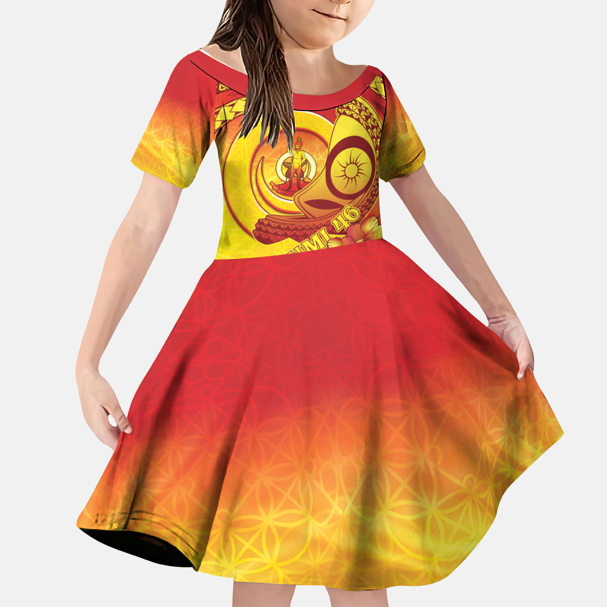 Vanuatu 46 Yia Indipendens Anivesari Kid Short Sleeve Dress Tamtam Drum With Boar Tusk LT05 KID Yellow - Polynesian Pride