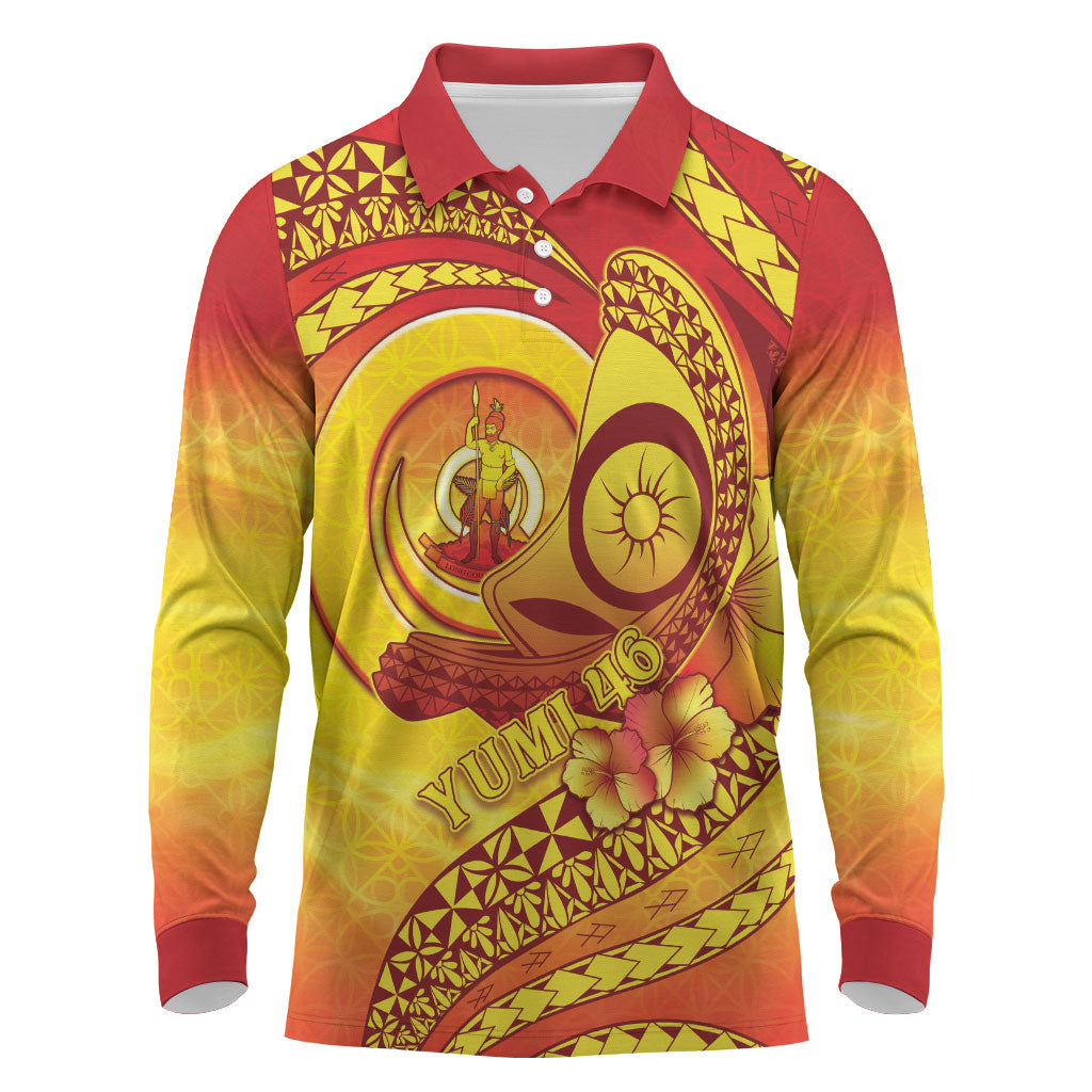 Vanuatu 46 Yia Indipendens Anivesari Long Sleeve Polo Shirt Tamtam Drum With Boar Tusk LT05 Yellow - Polynesian Pride