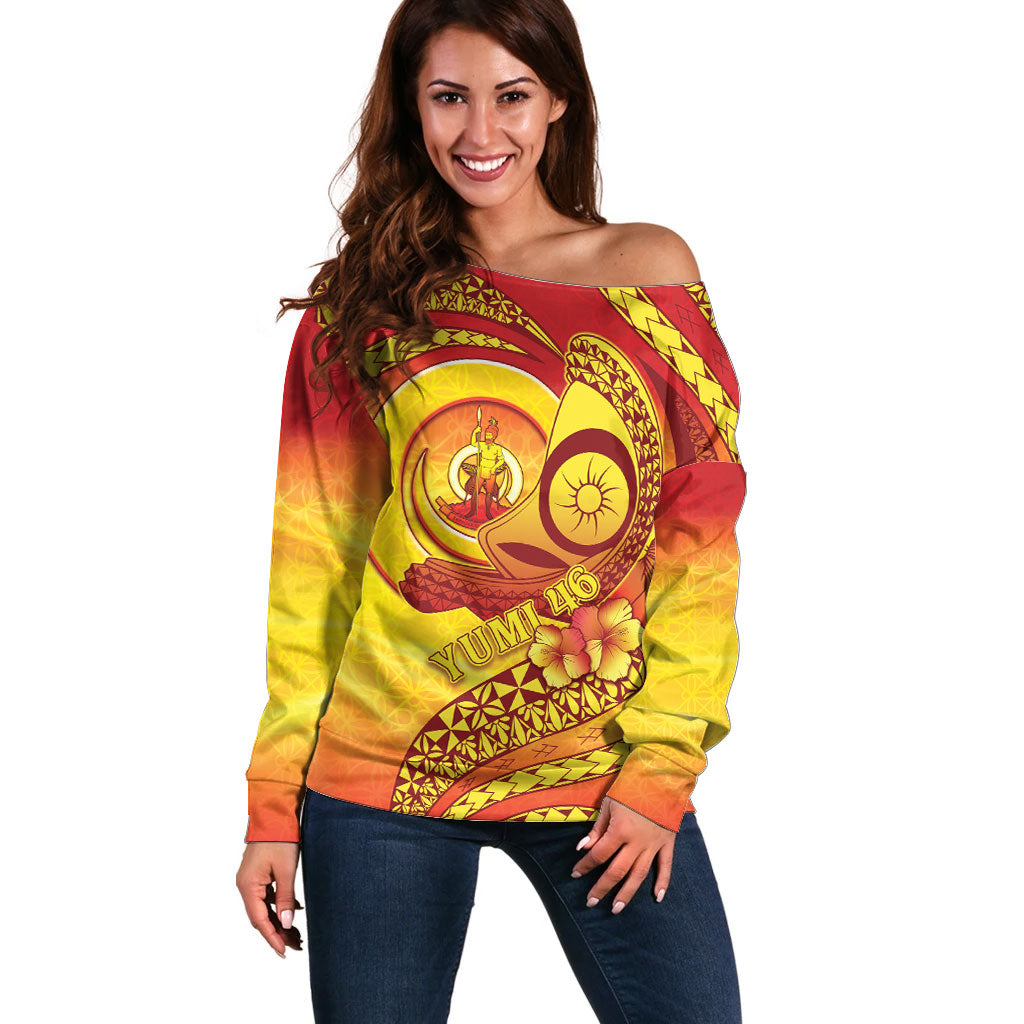 Vanuatu 46 Yia Indipendens Anivesari Off Shoulder Sweater Tamtam Drum With Boar Tusk LT05 Women Yellow - Polynesian Pride