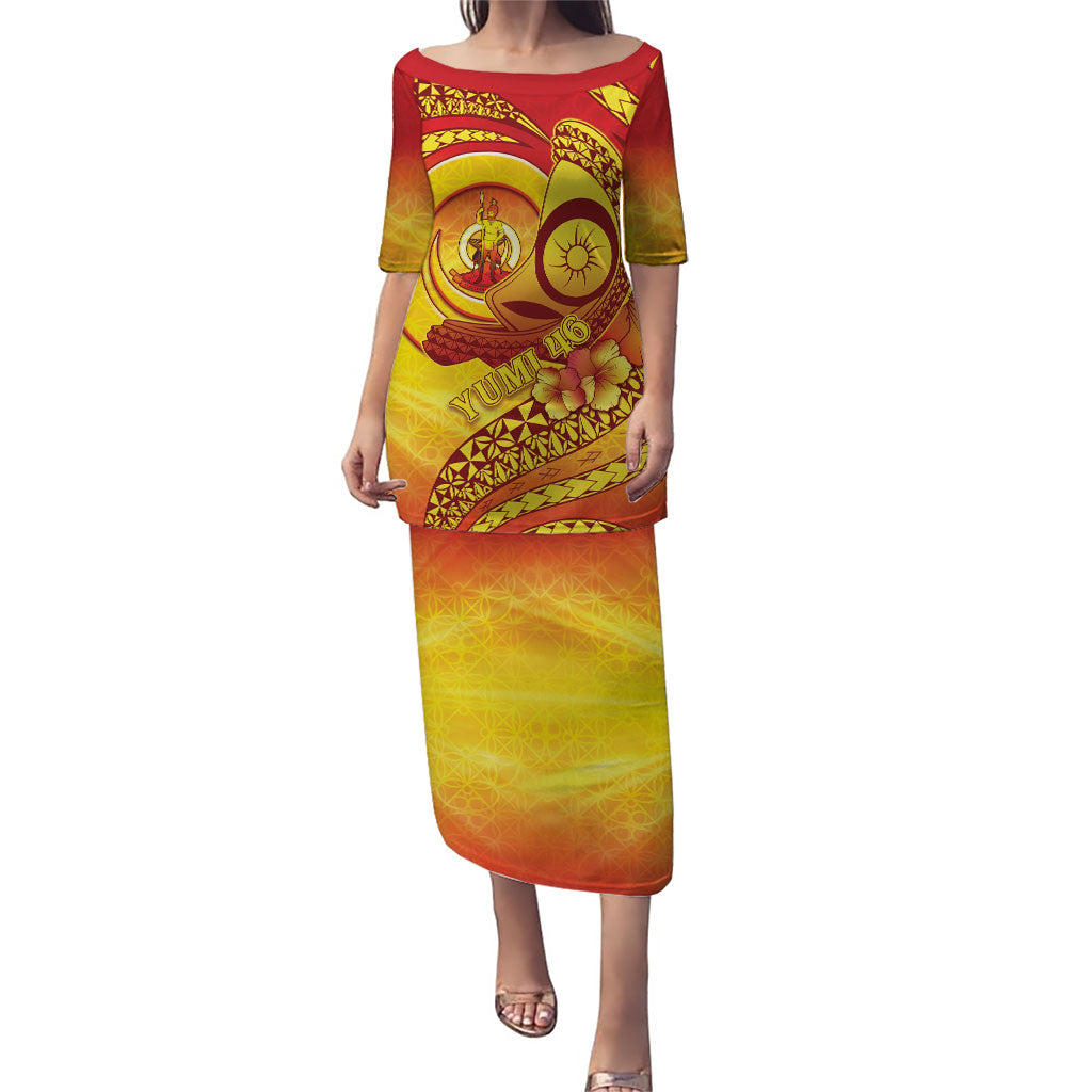 Vanuatu 46 Yia Indipendens Anivesari Puletasi Tamtam Drum With Boar Tusk LT05 Long Dress Yellow - Polynesian Pride