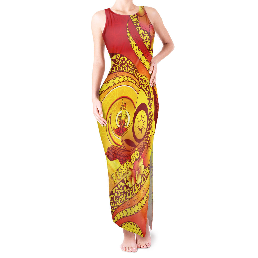 Vanuatu 46 Yia Indipendens Anivesari Tank Maxi Dress Tamtam Drum With Boar Tusk LT05 Women Yellow - Polynesian Pride