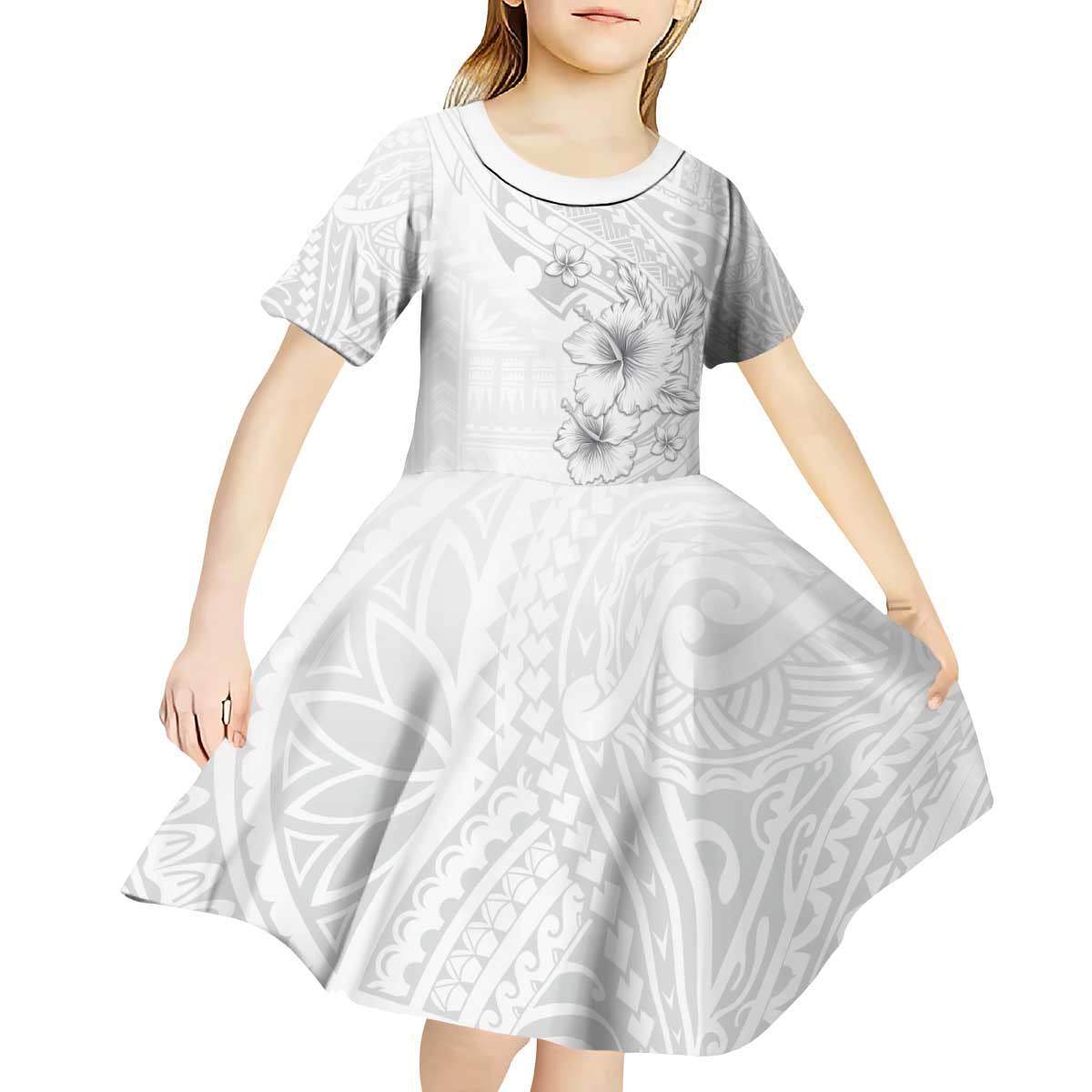 Lotu Tamaiti Samoa Kid Short Sleeve Dress White Sunday Polynesian Tribal Pattern Elegant Style LT05 - Polynesian Pride