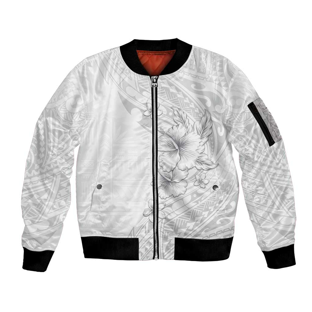 Lotu Tamaiti Samoa Sleeve Zip Bomber Jacket White Sunday Polynesian Tribal Pattern Elegant Style LT05 Unisex White - Polynesian Pride