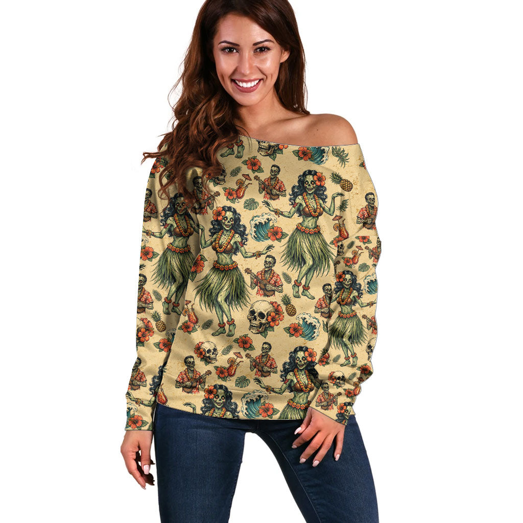 Hawaii Halloween Off Shoulder Sweater Spooky Tropical Hula Zombie LT05 Women Beige - Polynesian Pride