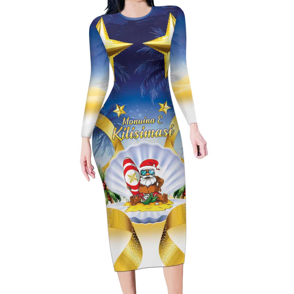 Niue Christmas Long Sleeve Bodycon Dress Seashell Santa Beach Vibes LT05 Long Dress Navy - Polynesian Pride