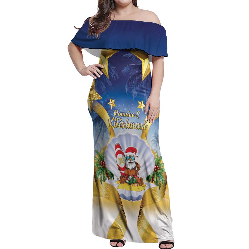 Niue Christmas Off Shoulder Maxi Dress Seashell Santa Beach Vibes LT05 Women Navy - Polynesian Pride