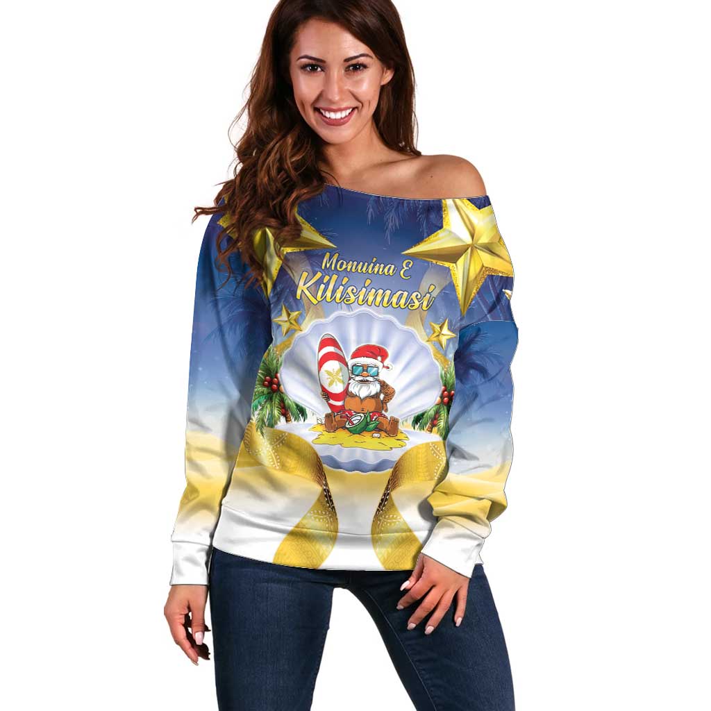 Niue Christmas Off Shoulder Sweater Seashell Santa Beach Vibes LT05 Women Navy - Polynesian Pride