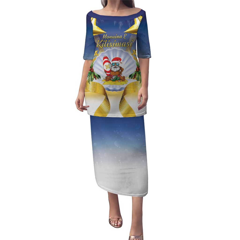Niue Christmas Puletasi Seashell Santa Beach Vibes LT05 Long Dress Navy - Polynesian Pride