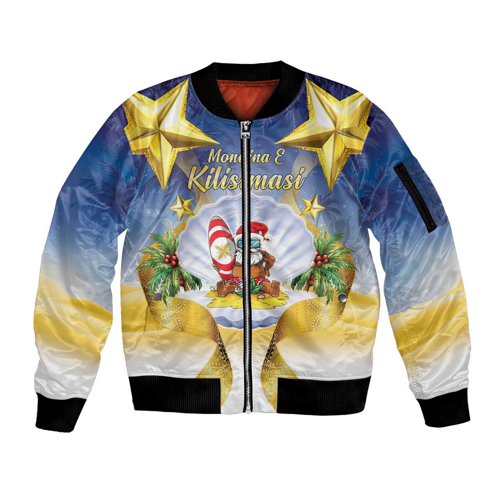 Niue Christmas Sleeve Zip Bomber Jacket Seashell Santa Beach Vibes LT05 Unisex Navy - Polynesian Pride