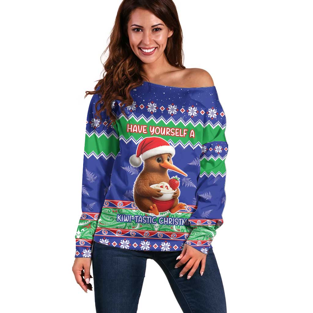 New Zealand Christmas Off Shoulder Sweater Have Yourself A Kiwi-tastic Christmas LT05 Women Blue - Polynesian Pride