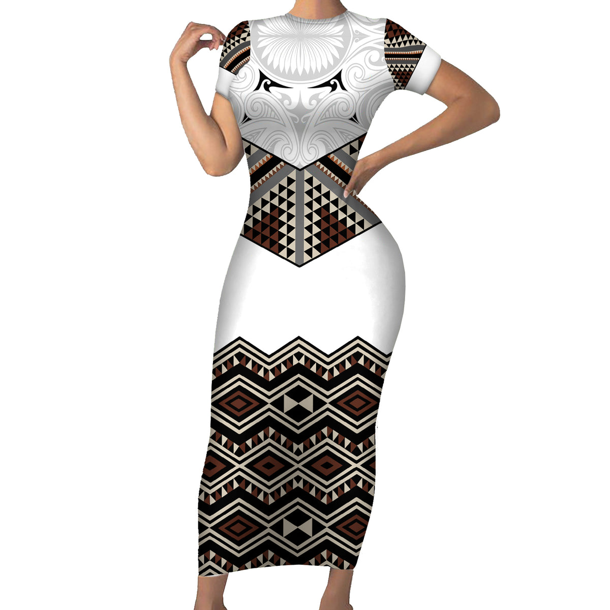 New Zealand Aotearoa Short Sleeve Bodycon Dress Taniko Art Simple Style LT05 Long Dress Brown - Polynesian Pride