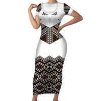 New Zealand Aotearoa Short Sleeve Bodycon Dress Taniko Art Simple Style LT05 Long Dress Brown - Polynesian Pride