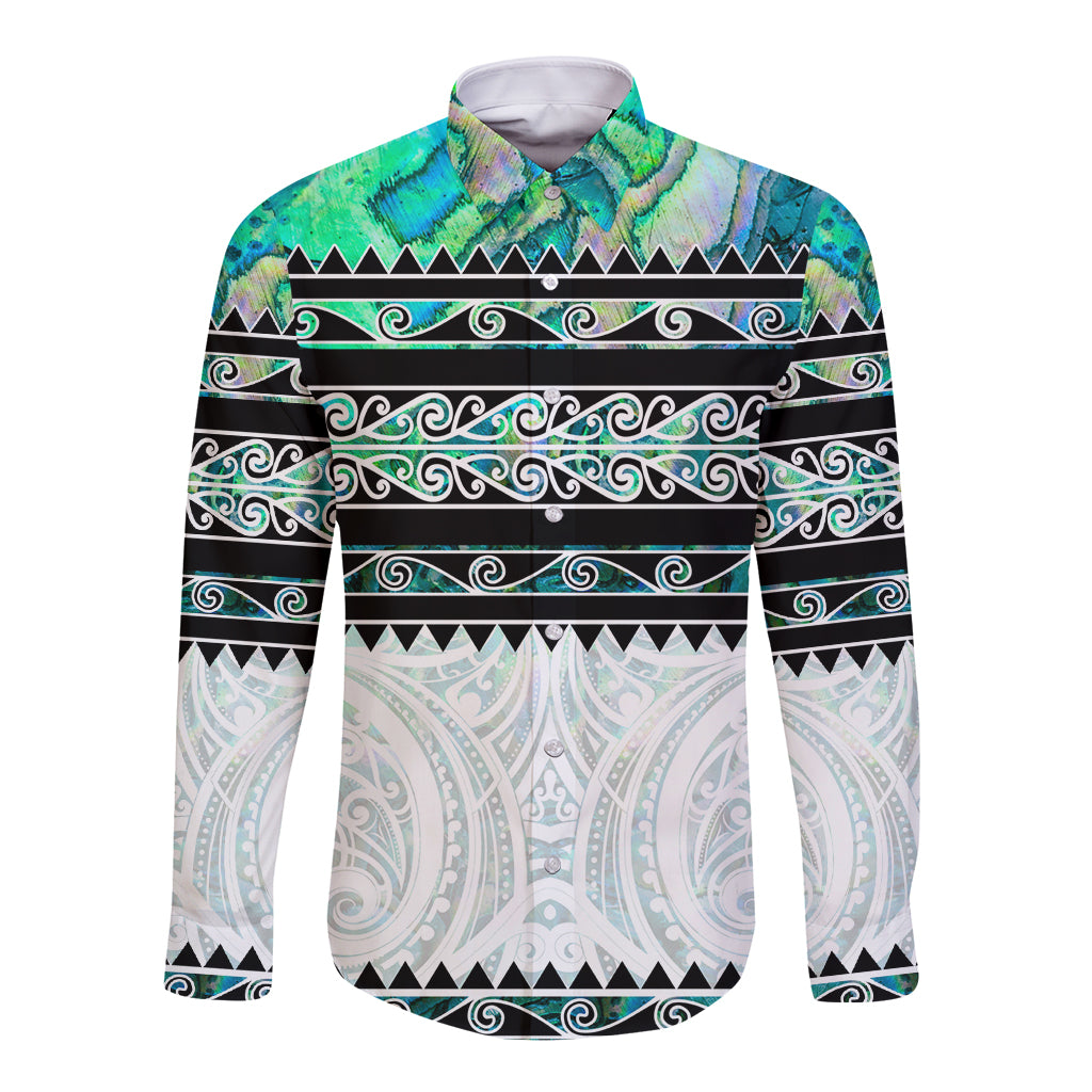 New Zealand Aotearoa Long Sleeve Button Shirt With Paua Shell Kowhaiwhai Pattern LT05 Unisex Green - Polynesian Pride