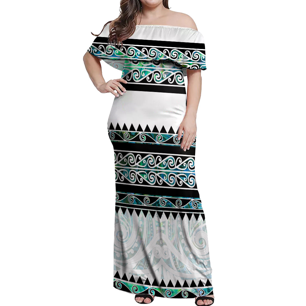 New Zealand Aotearoa Off Shoulder Maxi Dress With Paua Shell Kowhaiwhai Pattern LT05 Women Green - Polynesian Pride