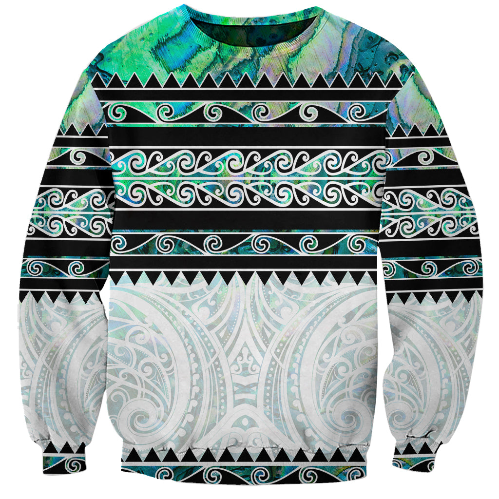 New Zealand Aotearoa Sweatshirt With Paua Shell Kowhaiwhai Pattern LT05 Unisex Green - Polynesian Pride